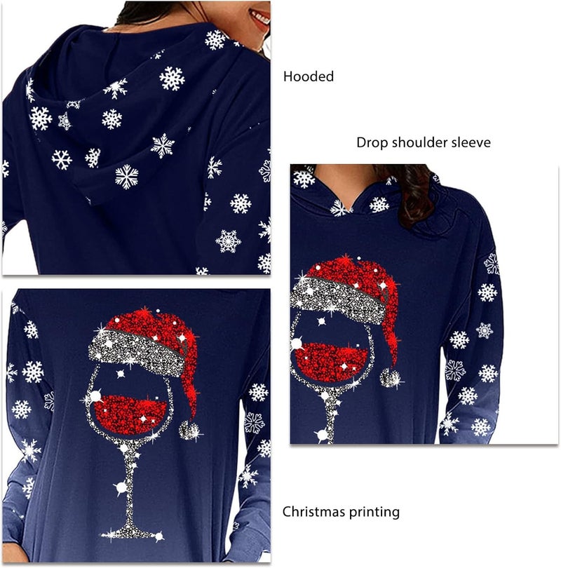 woobles Hoodie Dress, Womens Hoodie Dress Christmas Pattern Print Polyester Casual for Shopping - Image 4